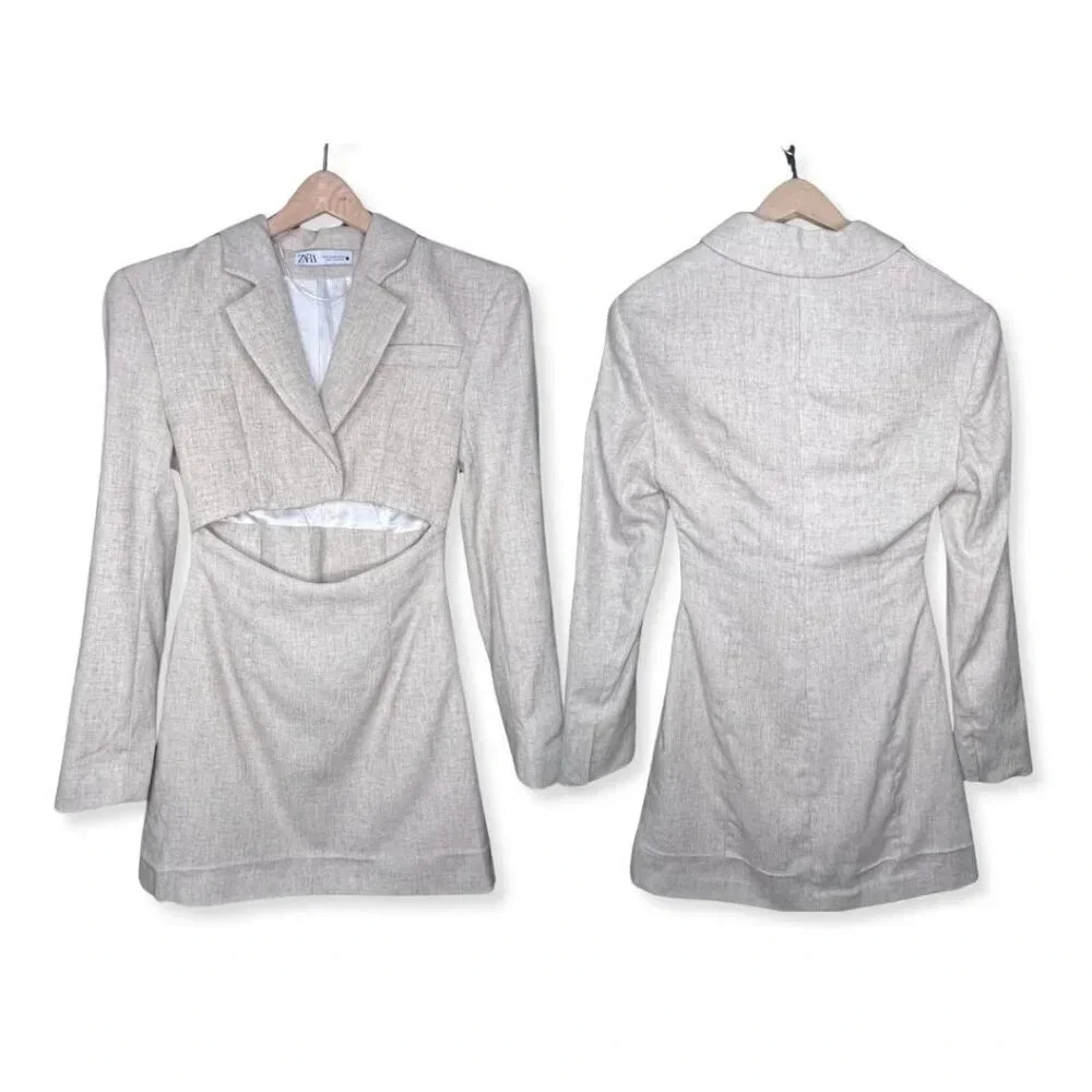 ZARA Blazer Mini Dress Limited Edition Light Tan Linen Blend XS Blogger Favorite